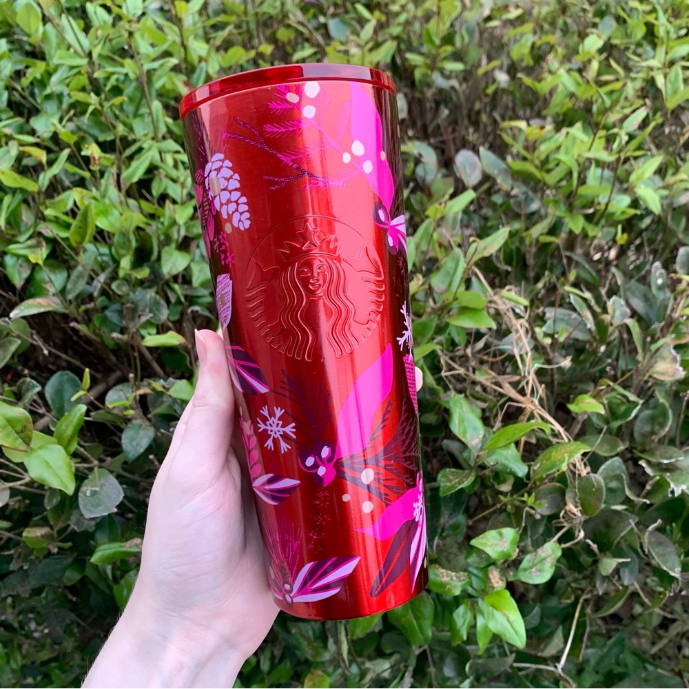 2021 Holiday Edition Metal Starbucks Cup Red/Pink Foliage Pine Cones NO STRAW
